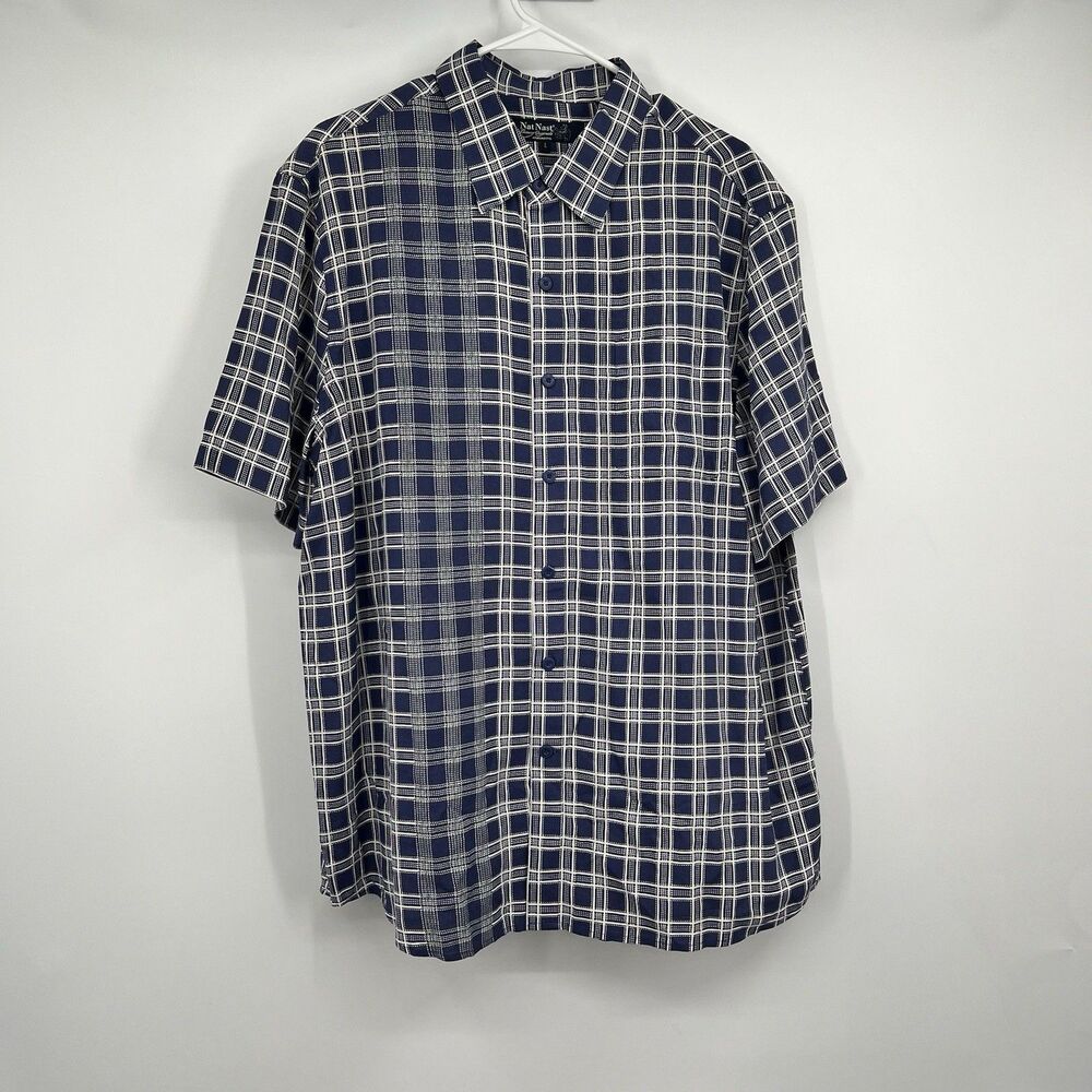 Mens Nat Nast Luxury SS Shirt L Silk Blend Blue White Check Casual